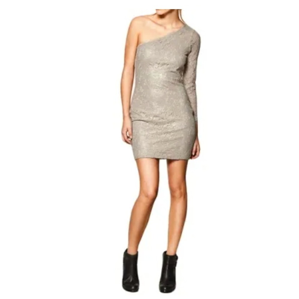 Zara Trf Collection One Shoulder Lace Mini Dress Gold Champagne Metallic Med NWT